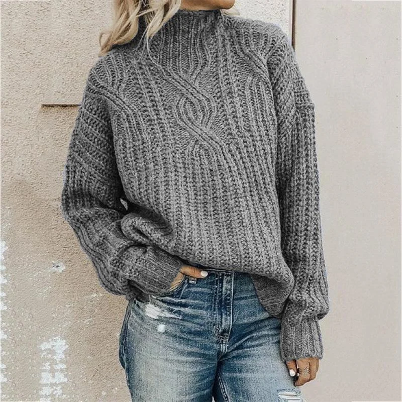 Autumn and Winter High Neck Twist Knitted Sweater Denim Fabric Leather Fabric Suede Fabric
