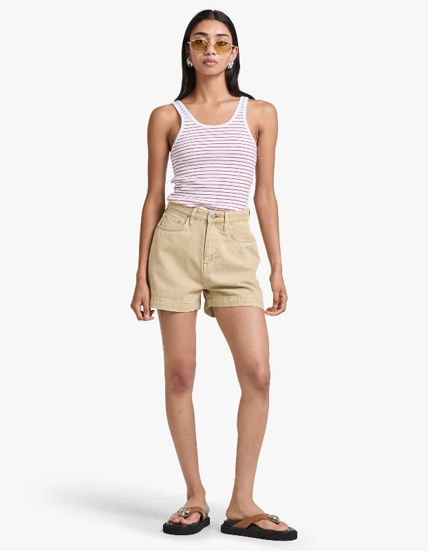 Drew Stripe Rib Tank - Papaya/White one shoulder tank