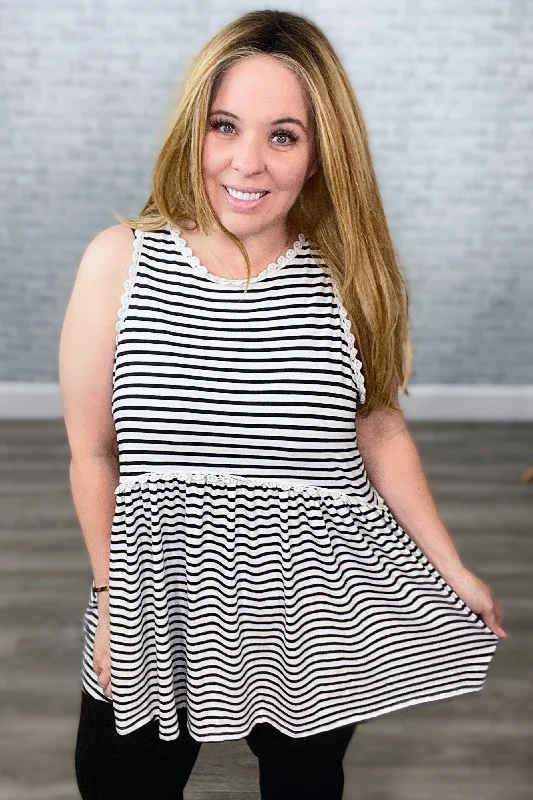 Fit to Flatter Striped Babydoll Lace Trimmed Tank Top with Back Zipper {POL} fashionable tank top Fit to Flatter Striped Babydoll Lace Trimmed Tank Top with Back Zipper {POL} fashionable tank top