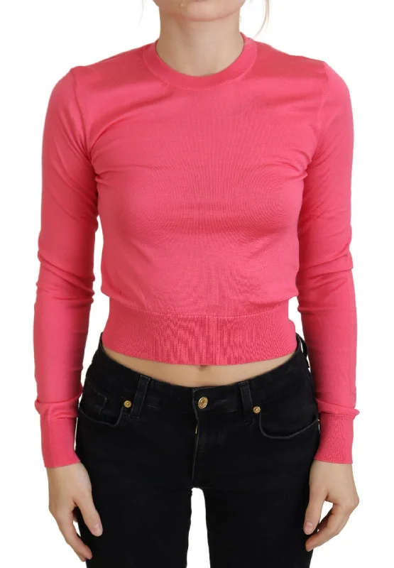 Dolce & Gabbana Elegant Pink Cropped Crewneck Sweater Velvet Chenille Corduroy