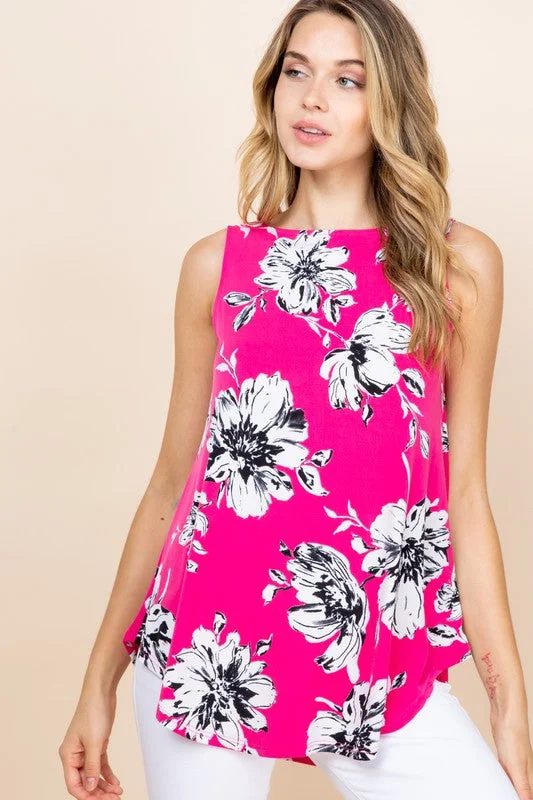 Hot Pink Fuchsia Floral Relaxed Fit Tank Sleeveless Tunic Top fitted tank top