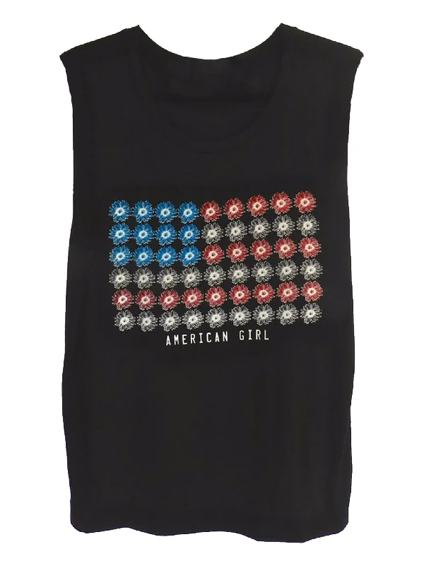 4th & Rose American Girl Daisy Flag Black Muscle Tank beige tank top