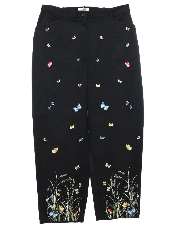 Black Embroidered Butterfly Design Tapered Trousers - W32 L28 Trousers Print Floral