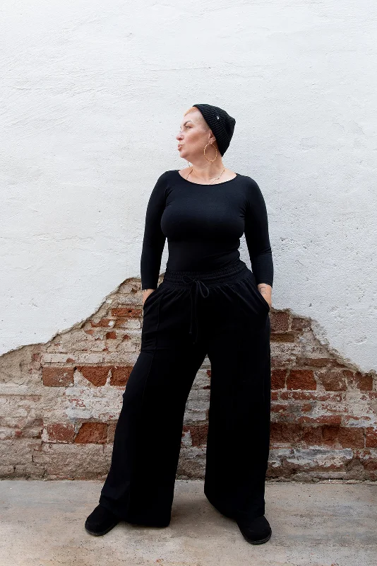 Trackie Trousers Wide Leg Regular in Black Trousers luxurious high-end