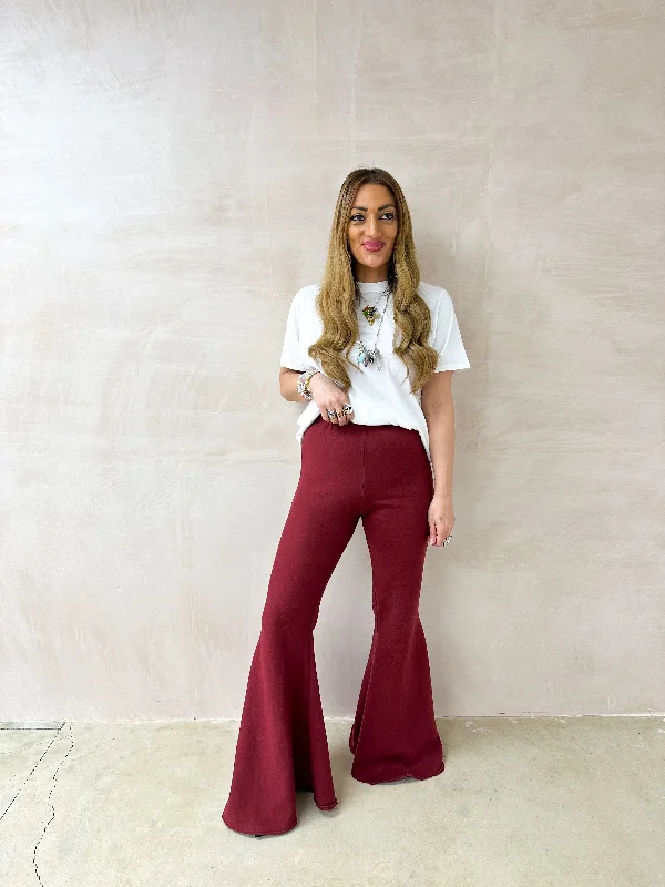 Extreme Flare Sweatshirt Trousers In Burgundy Trousers Satin Smooth