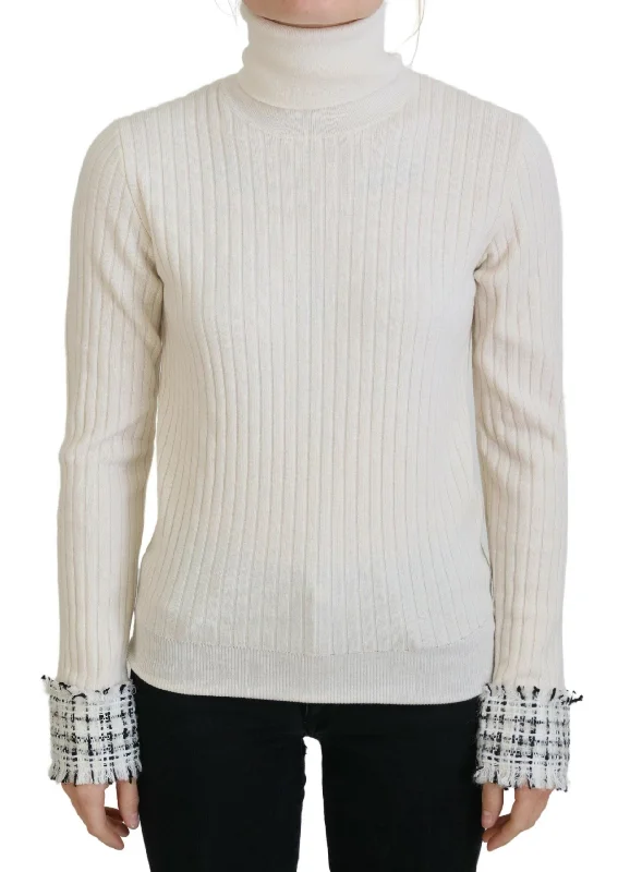 Dolce & Gabbana Ivory Turtleneck Wool Blend Sweater Glossy Satin Silk