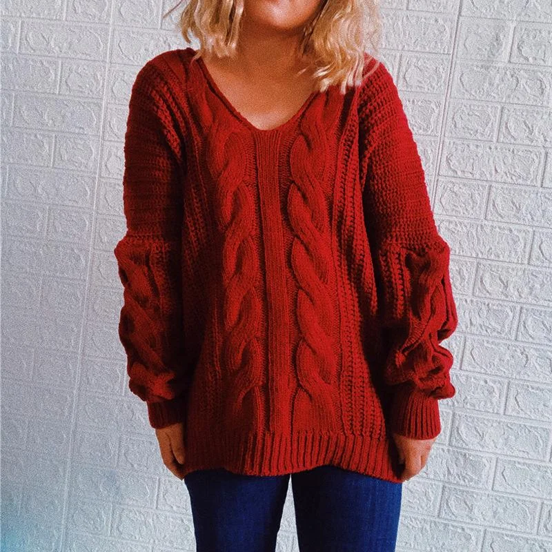 Loose V-neck Twist Knit Sweater Fleece Fabric Down Fabric Feather Fabric