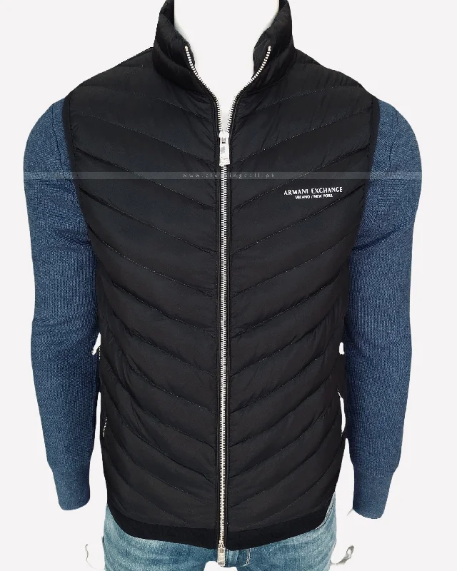 AX Sleeveless Duck Down Puffer Black Jacket Front Pockets Side Pockets Patch Pockets AX Sleeveless Duck Down Puffer Black Jacket Front Pockets Side Pockets Patch Pockets