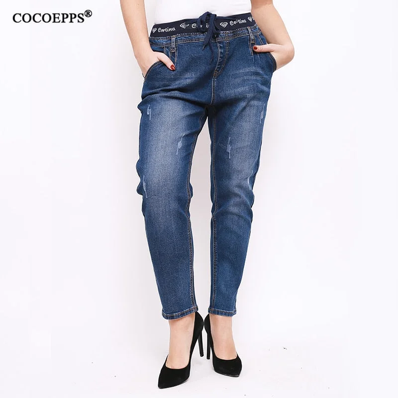 Fashion Stretch slim Harem Full Length pencil pants high waist lace up jeans large size Trousers Female Casual Trousers 4XL 5XL Trousers Polka Dot Cute