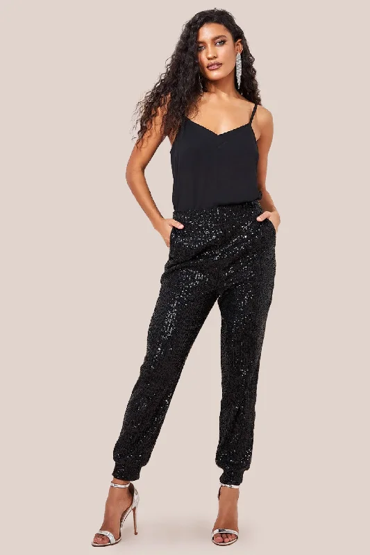 Goddiva Sequin Cuffed Ankle Trouser - Black Trousers Bestseller Popular