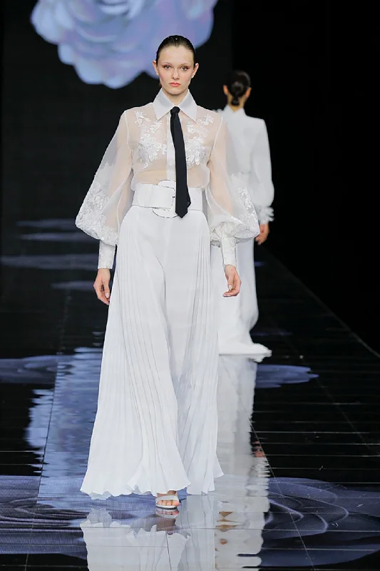 Semi sheer top with pleated trousers Trousers Palazzo Wide Leg