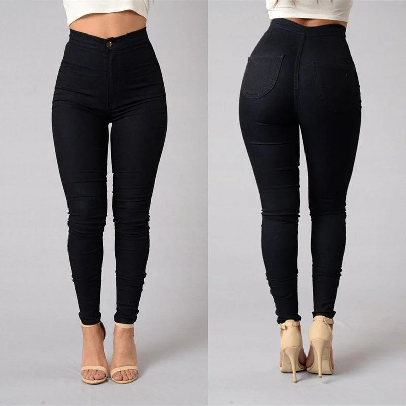 Solid Wash Skinny Jeans Woman High Waist Vintage Denim Pants Plus Size Push Up Trousers Bodycon Slim Pencil Pants Female ** Trousers versatile all-occasion