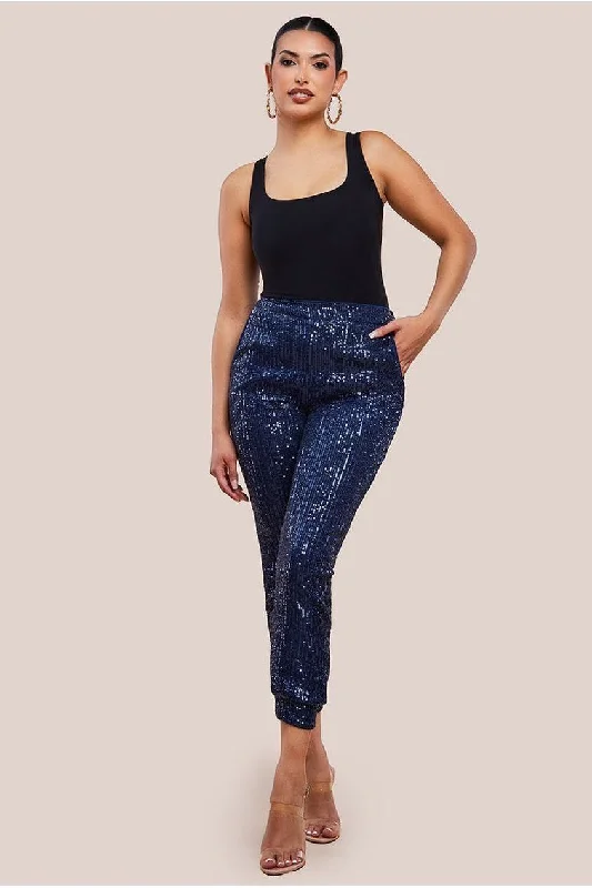 Goddiva Sequin Cuffed Ankle Trouser - Navy Trousers Wedding White