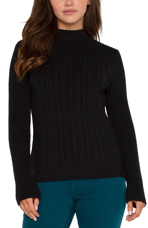 MOCK NECK CABLE SWEATER Hooded Caped Shawl Collar