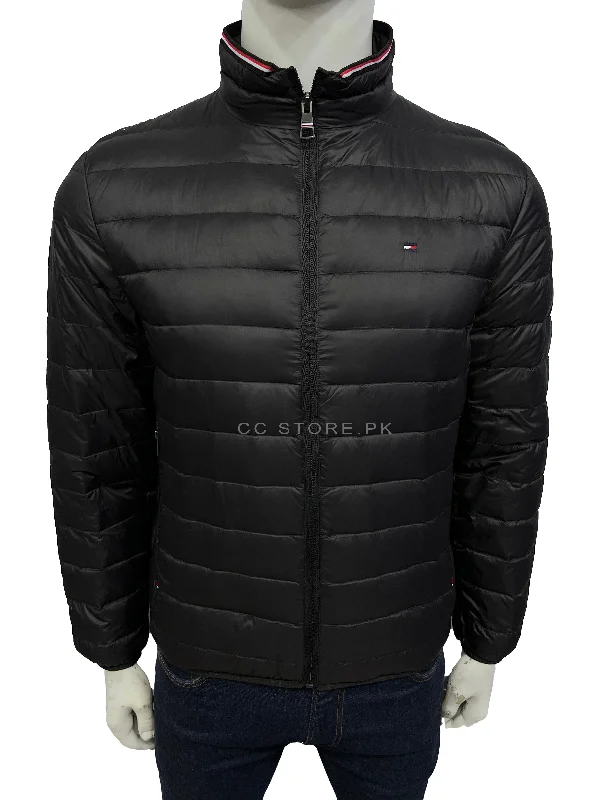 TH Packable Tipped Collar Black Duck Down Puffer Jacket Zip Front Button Front Snap Front TH Packable Tipped Collar Black Duck Down Puffer Jacket Zip Front Button Front Snap Front
