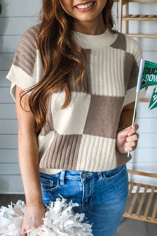 Khaki Checkered Color Block Crew Neck Short Sleeve Sweater Terry Terry Cloth Terry Knit