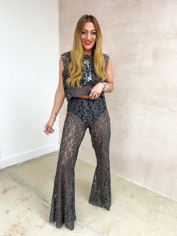 Fairytale Lace Extreme Flare Trousers In Grey Trousers Spring Floral