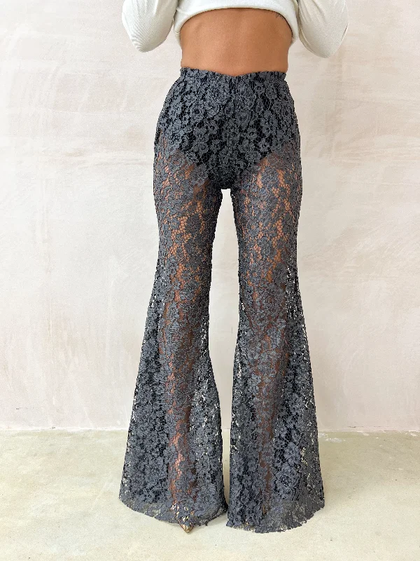 Petite - Fairytale Lace Extreme Flare Trousers In Grey Trousers Fall Fleece