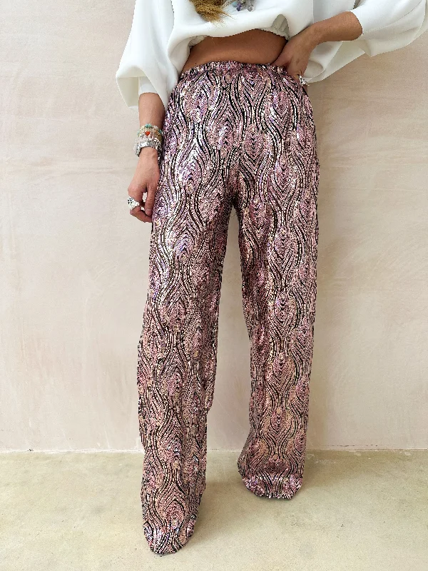 Peacock Sequin Trousers In Pink Trousers Plaid Checkered