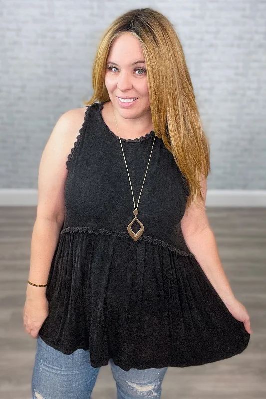 "Fit to Flatter" Babydoll Lace Trimmed Tank Top with Back Zipper - Black {POL} flirty tank top "Fit to Flatter" Babydoll Lace Trimmed Tank Top with Back Zipper - Black {POL} flirty tank top