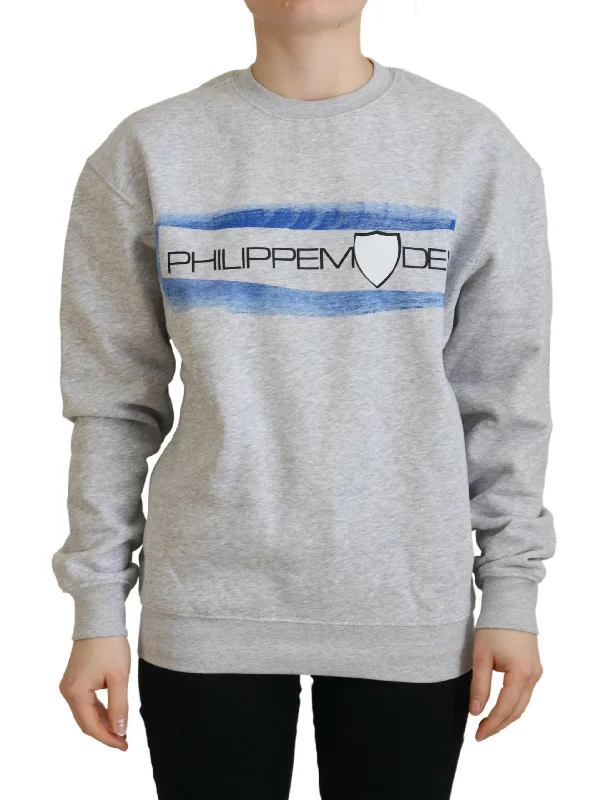 Philippe Model Elegant Gray Printed Cotton Sweater Satin Blend Silk Blend Wool Blend Philippe Model Elegant Gray Printed Cotton Sweater Satin Blend Silk Blend Wool Blend