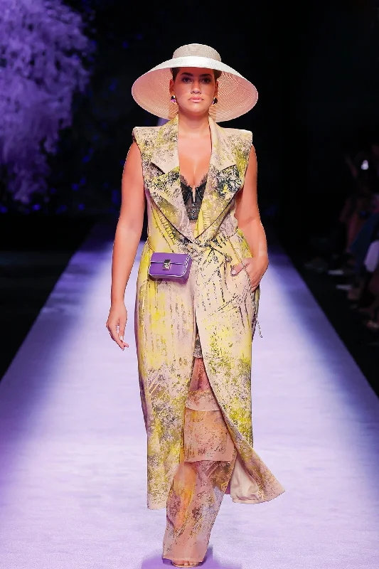 Printed sleeveless coat with organza trousers Trousers Floral Bohemian