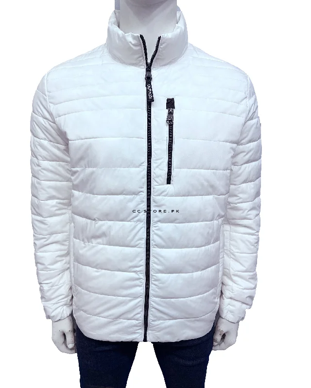 Ck White Puffer Jacket with Front Pocket Detail Rayon Fabric Velvet Fabric Corduroy Fabric Ck White Puffer Jacket with Front Pocket Detail Rayon Fabric Velvet Fabric Corduroy Fabric