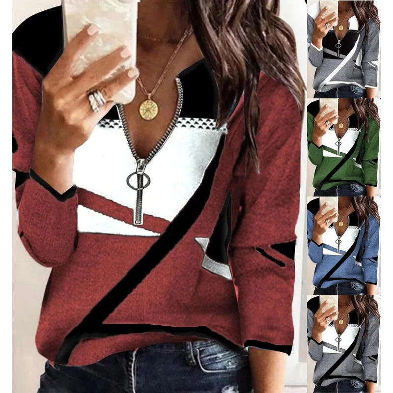 Autumn and winter color matching V-neck zipper casual sweater Lace Blend Ribbed Blend Corduroy Blend