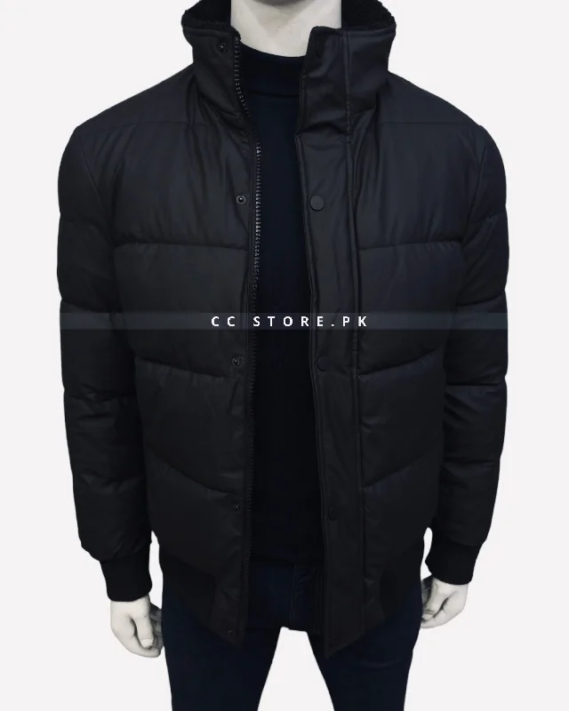 ZR Rubberized Black Puffer Jacket (499) Boat Neck Shawl Collar Notched Collar