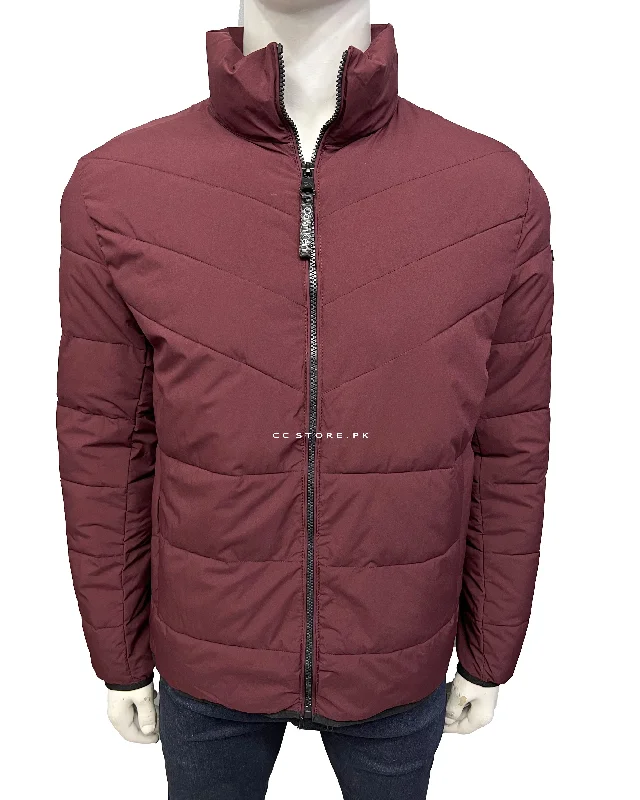CK Maroon Cross Puffer Jacket Zippered Front Buttoned Front Snap Front