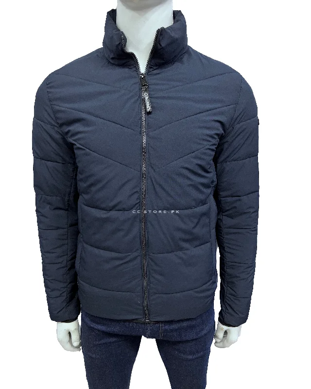 CK Navy Blue Cross Puffer Jacket Front Pockets Side Pockets Patch Pockets