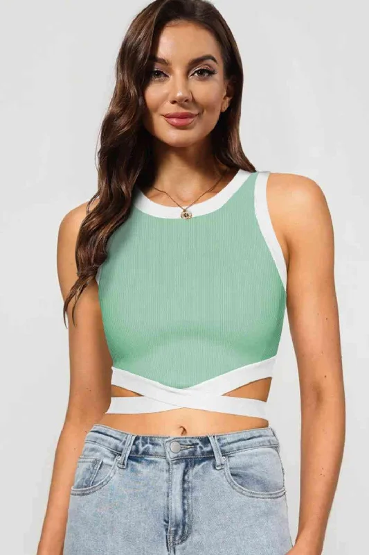 Contrast Tie Back Round Neck Tank off shoulder tank