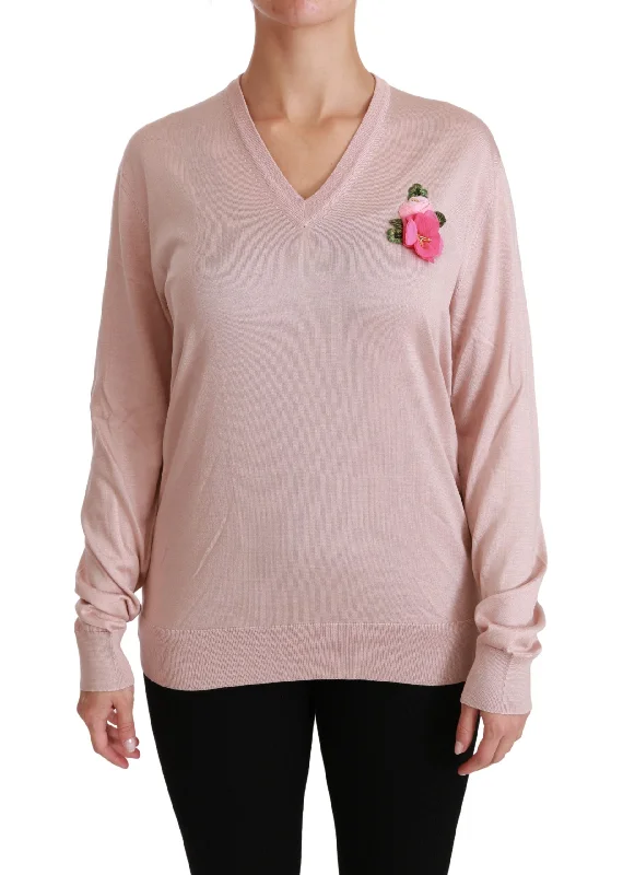 Dolce & Gabbana Pink Floral Silk V-Neck Sweater Sweater Knitwear Pullover