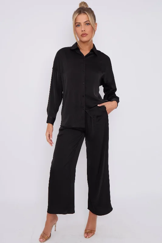 Black Brushed Satin Trousers by LOVE SUNSHINE Trousers Sale Discount