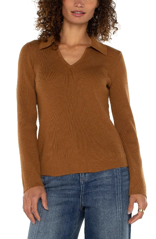 LONG SLEEVE V-NECK COLLARED SWEATER Toggled Drawstring Belted