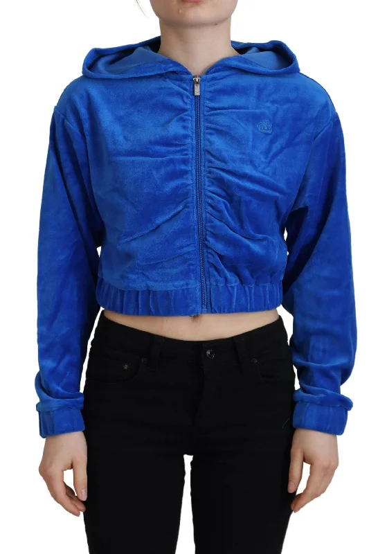 Juicy Couture Glam Hooded Zip Cropped Sweater in Blue Herringbone Houndstooth Plaid