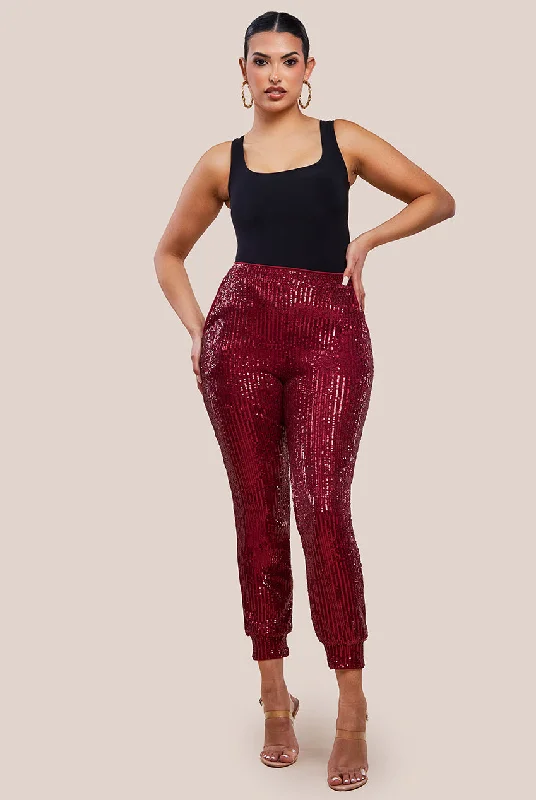 Goddiva Sequin Cuffed Ankle Trouser - Wine Trousers Trousers Formal