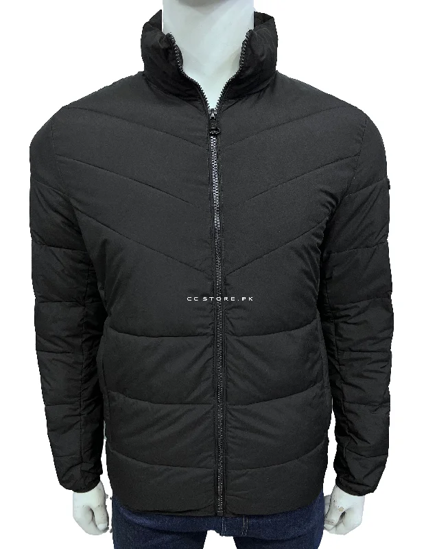 CK Black Cross Puffer Jacket Welt Pockets Slit Pockets Flap Pockets