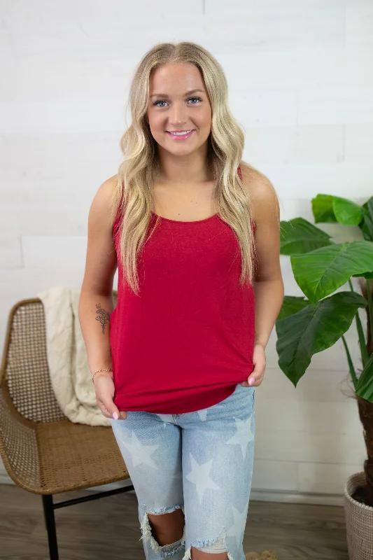 Emmie Basic Round Neck Tank-Burgundy cold shoulder tank