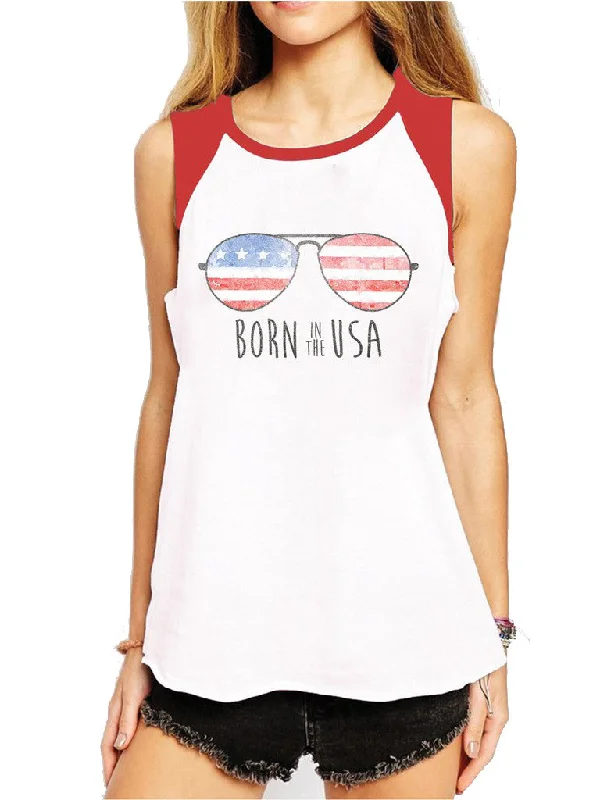 4th & Rose Born In The USA White & Red Raglan Muscle Tank casual tank top