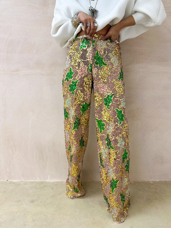 The Valentina Sequin Trousers In Gold Trousers Print Floral