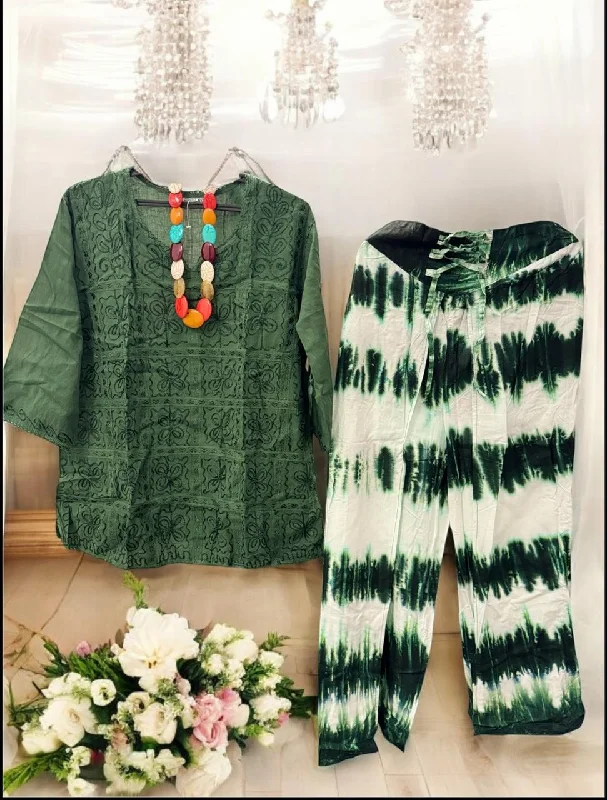 Green Chikankari Embroidered Kurti with Tie-Dye Trouser Set Trousers Ceremony Elegant