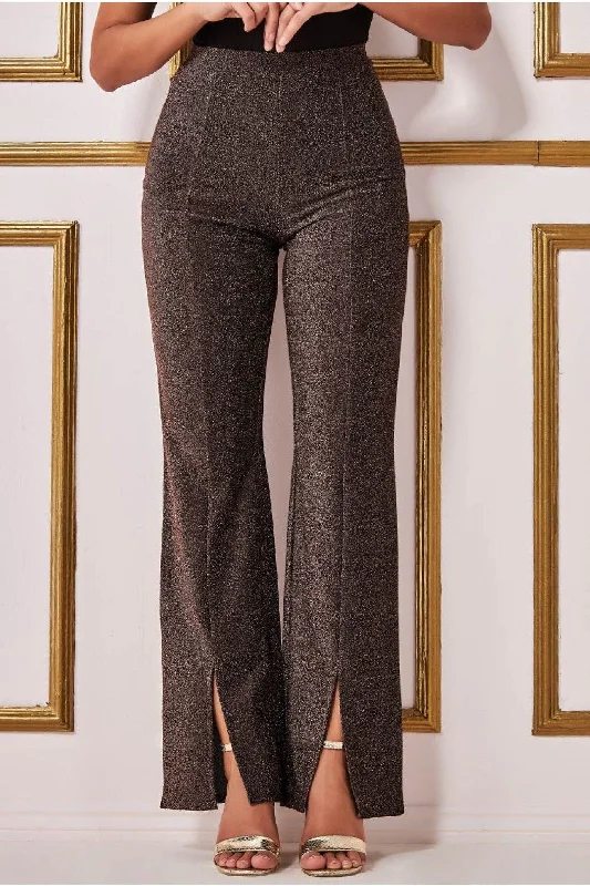 Goddiva Wide Leg Lurex Trouser - Bronze Trousers Prom Sequined