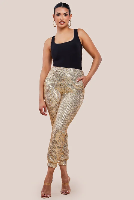 Goddiva Sequin Cuffed Ankle Trouser - Gold Trousers Chinos Classic