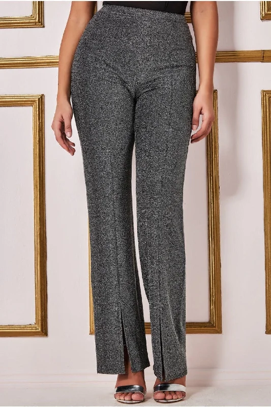Goddiva Wide Leg Lurex Trouser - Silver Trousers Party Sparkling
