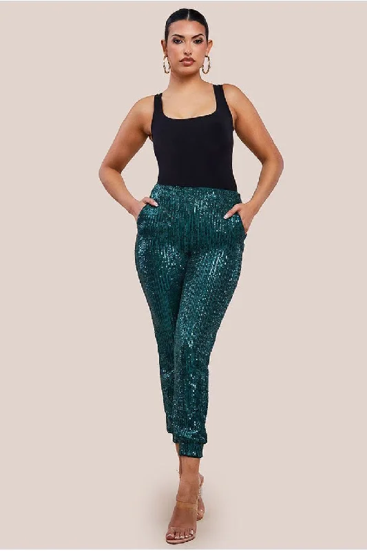 Goddiva Sequin Cuffed Ankle Trouser - Emerald Trousers Denim Distressed