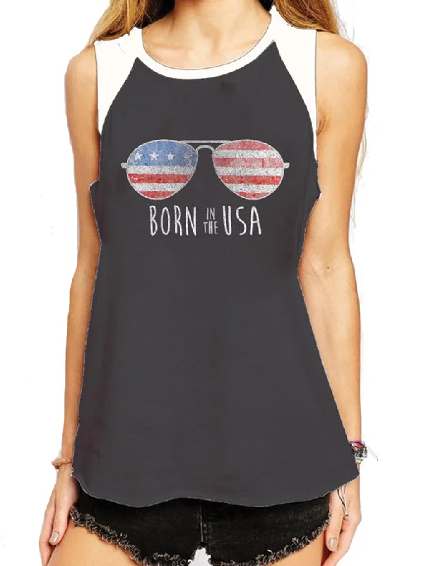 4th & Rose Born In The USA Charcoal & White Raglan Muscle Tank gold tank top