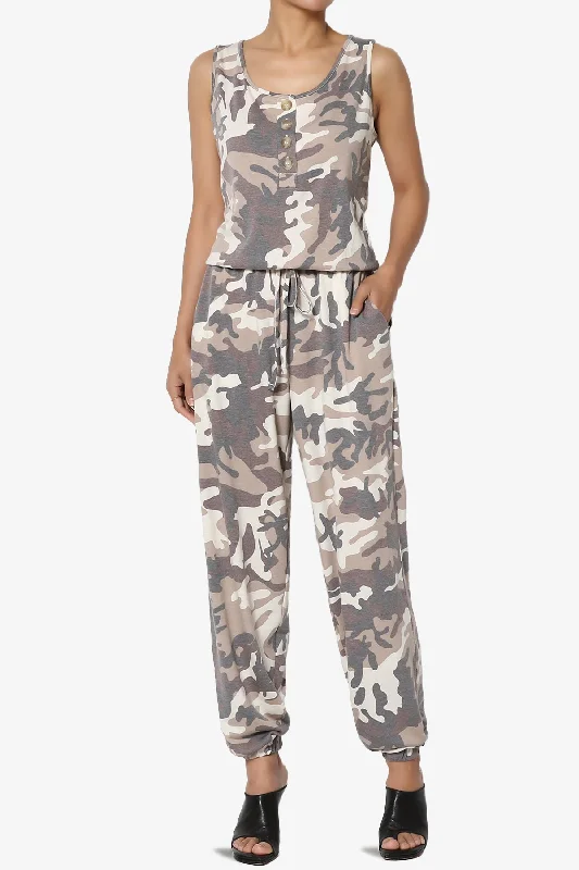 Lavanya Camo Button Scoop Neck Tank Jogger Jumpsuit silver tank top