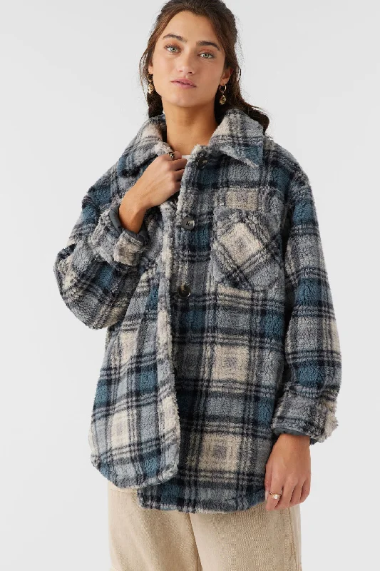 O'Neill HEATH PLAID HIGH PILE OVERSIZED FLEECE JACKET - SLATE Zip Front Button Front Snap Front O'Neill HEATH PLAID HIGH PILE OVERSIZED FLEECE JACKET - SLATE Zip Front Button Front Snap Front