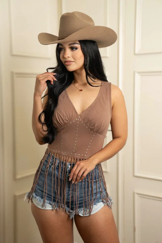 Rock & Roll Denim Studded Tank With Fringe BW20T03893 JJ cold shoulder tank